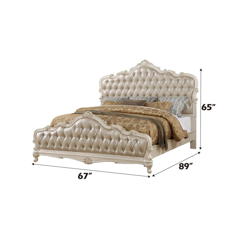 Chantelle Queen Bed, Rose Gold Faux Leather & Pearl White Finish Acme