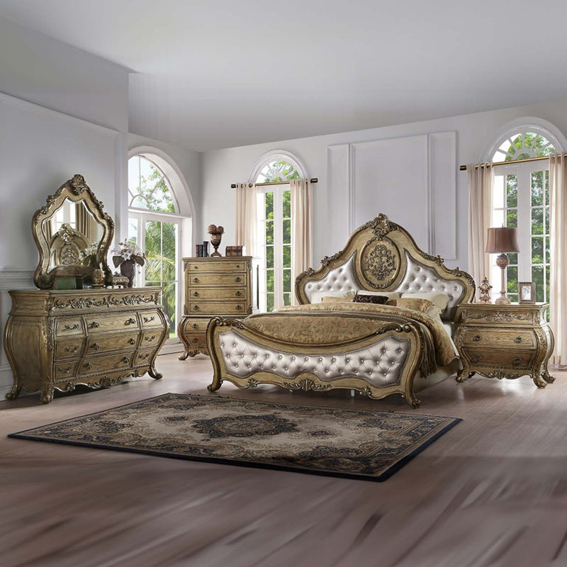 Ragenardus King Bed, Faux Leather & Vintage Oak Finish Acme