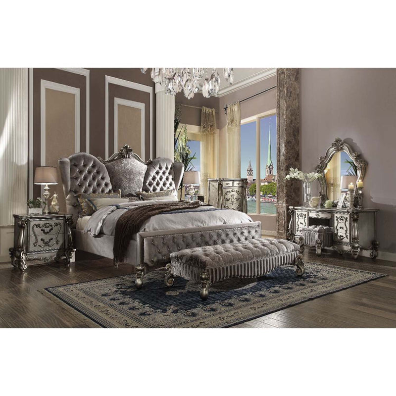 Versailles California King Bed, Velvet & Antique Platinum Finish Acme