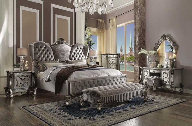 Versailles Queen Bed, Velvet & Antique Platinum Finish Acme