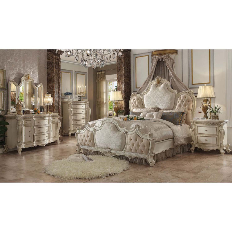 Picardy King Bed, Fabric & Antique Pearl Finish Acme