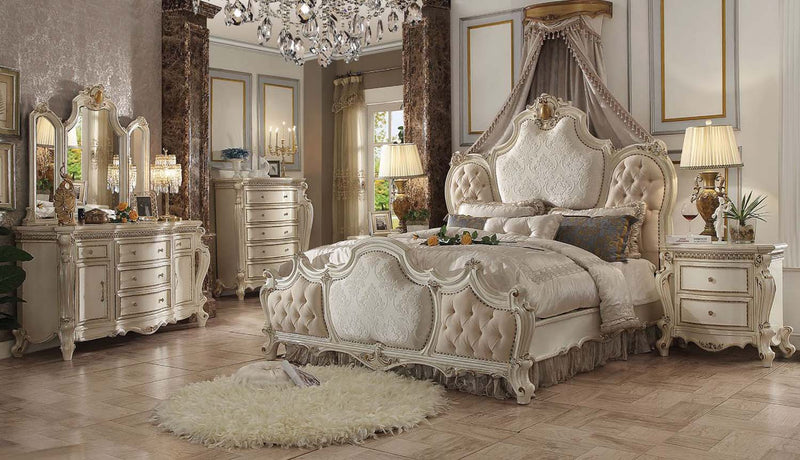 Picardy Queen Bed, Fabric & Antique Pearl Finish Acme