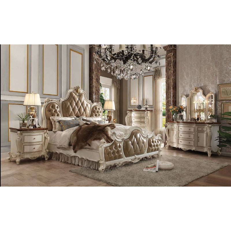 Picardy King Bed, Butterscotch Faux Leather & Antique Pearl Finish Acme