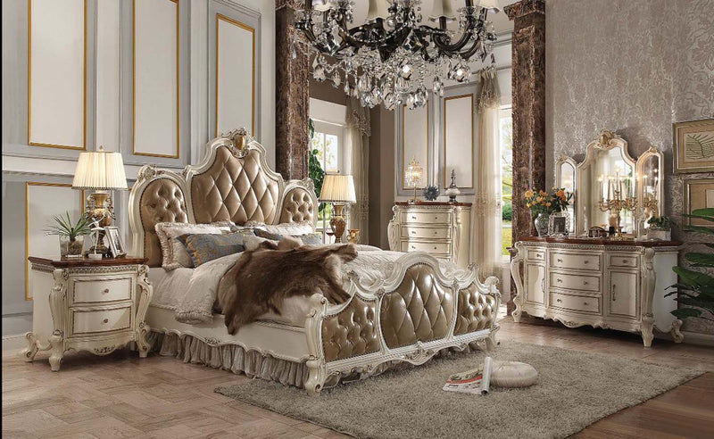 Picardy Queen Bed, Butterscotch Faux Leather & Antique Pearl Finish Acme