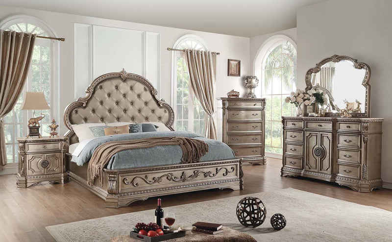 Northville King Bed, Faux Leather & Antique Silver Finish Acme