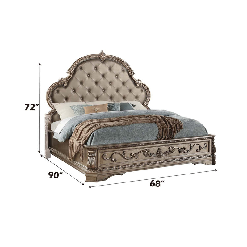 Northville Queen Bed, Faux Leather & Antique Silver Finish Acme