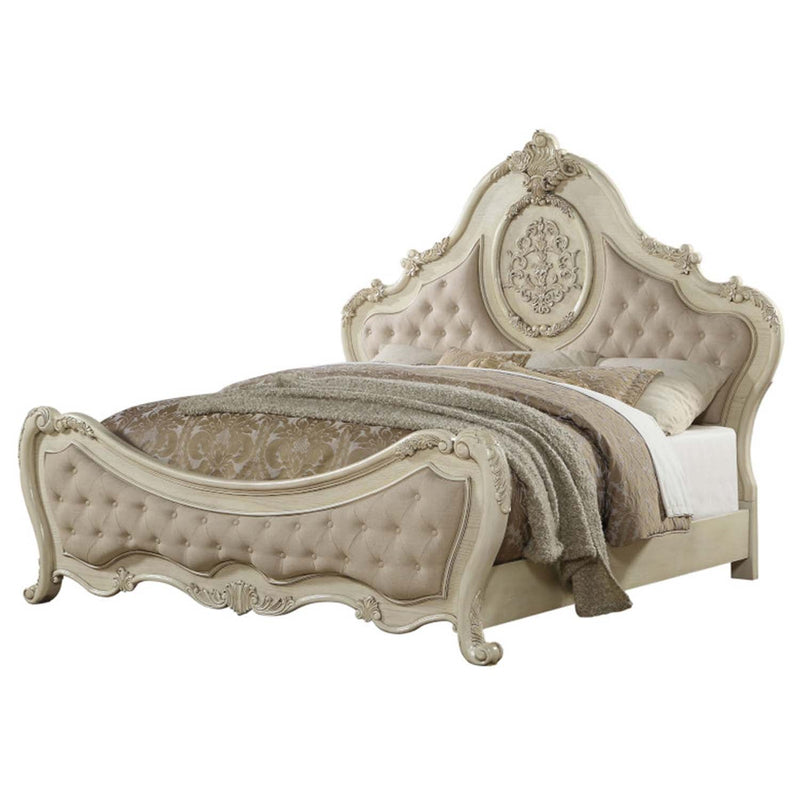Ragenardus California King Bed, Beige Linen & Antique White Finish Acme