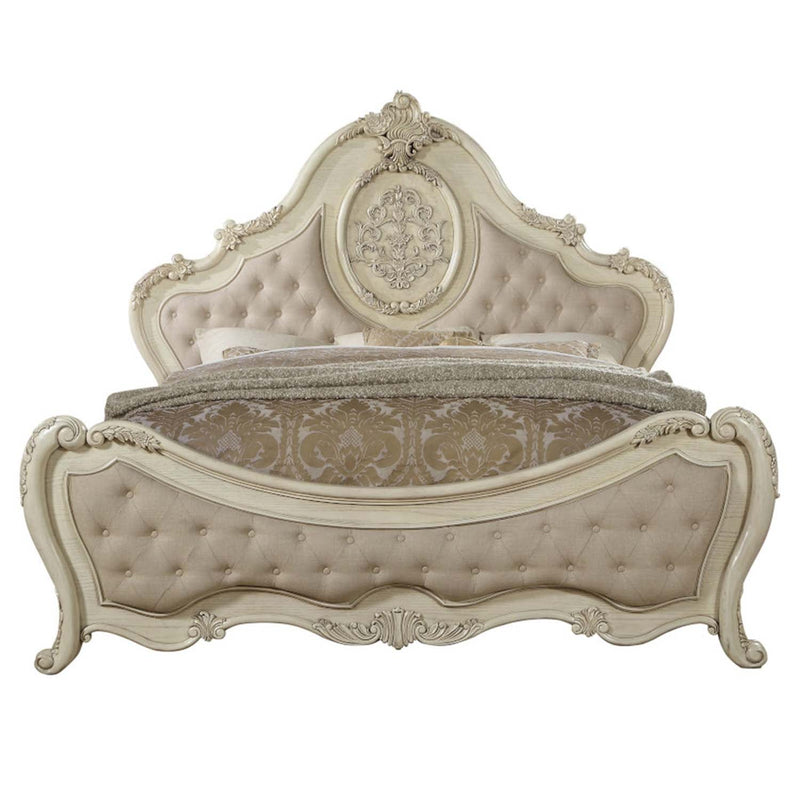 Ragenardus Queen Bed, Beige Linen & Antique White Finish Acme
