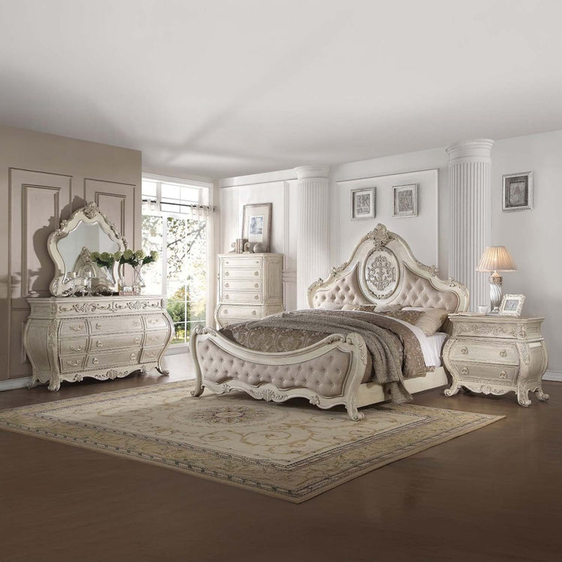 Ragenardus Queen Bed, Beige Linen & Antique White Finish Acme