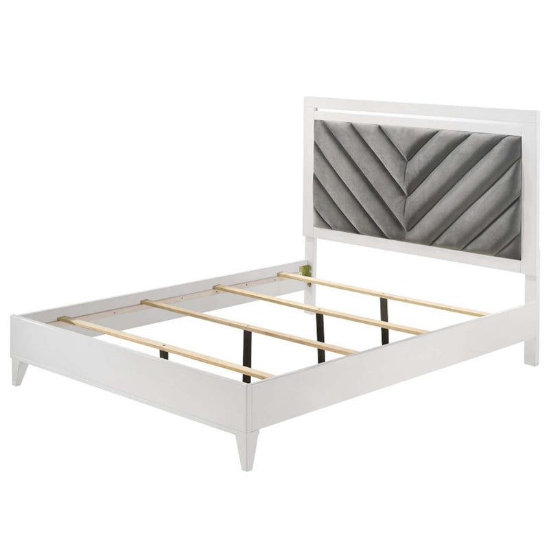Chelsie Queen Bed, Gray Fabric & White Finish Acme