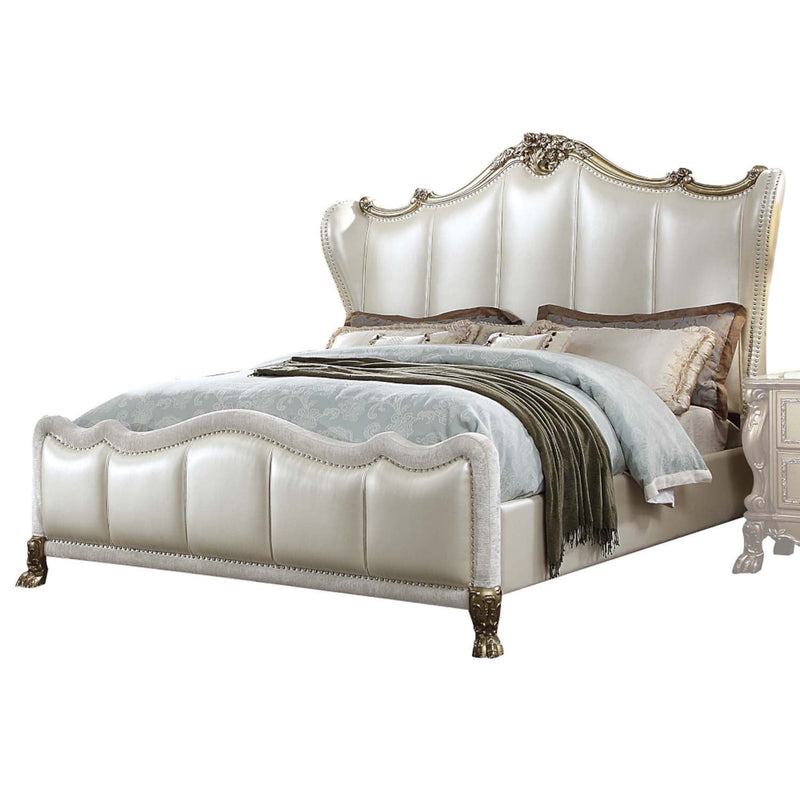 Dresden II California King Bed, Pearl White Faux Leather & Gold Patina Finish Acme