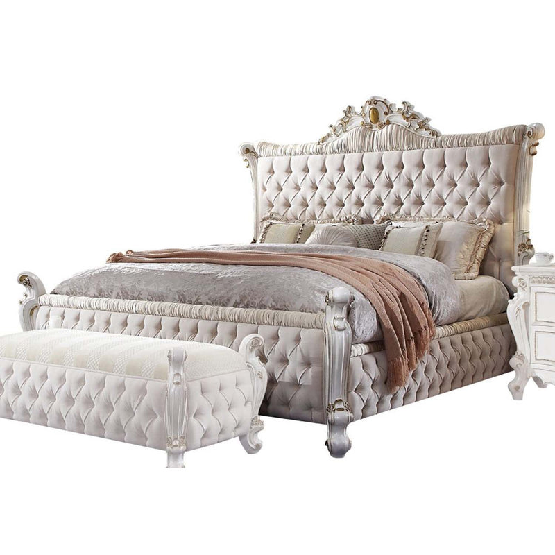 Picardy King Bed, Fabric & Antique Pearl Finish Acme