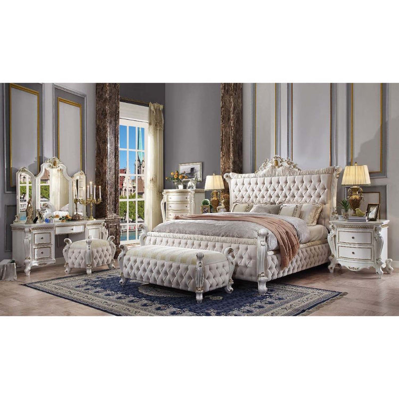 Picardy Queen Bed, Fabric & Antique Pearl Finish Acme