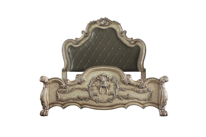 Dresden California King Bed, Faux Leather & Vintage Bone White Finish Acme