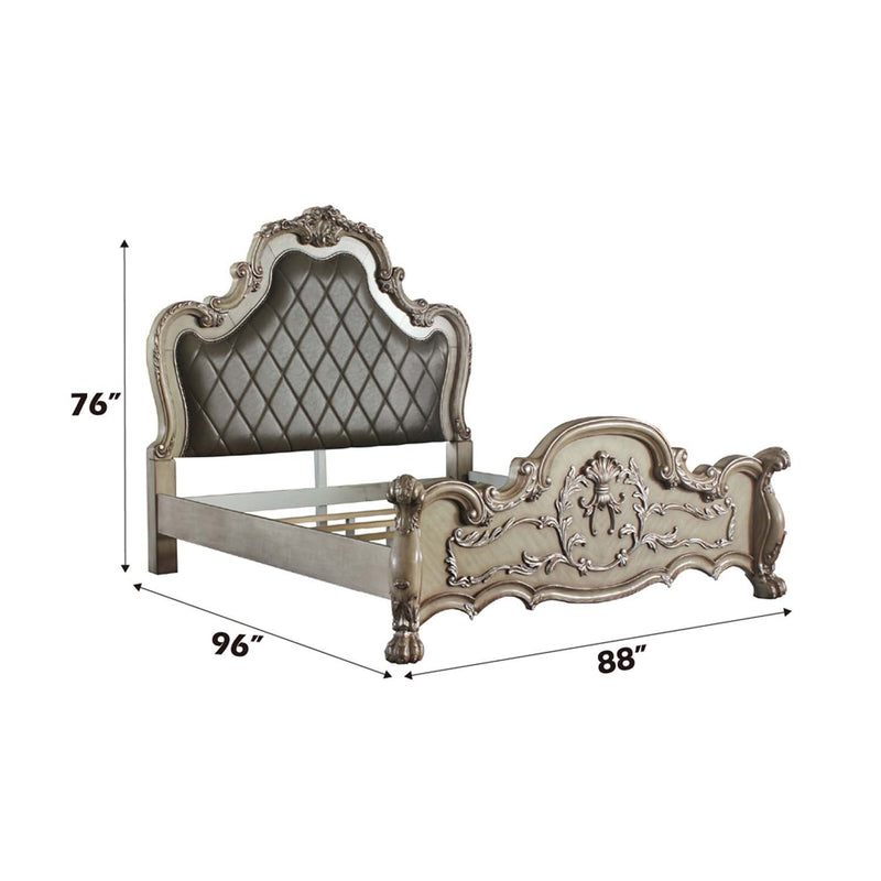 Dresden California King Bed, Faux Leather & Vintage Bone White Finish Acme