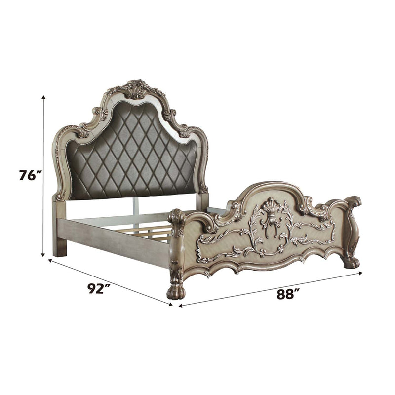 Dresden King Bed, Faux Leather & Vintage Bone White Finish Acme