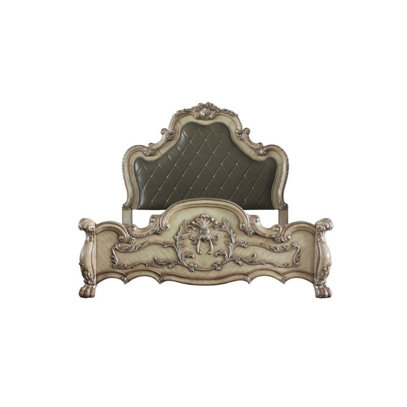 Dresden Queen Bed, Faux Leather & Vintage Bone White Finish Acme