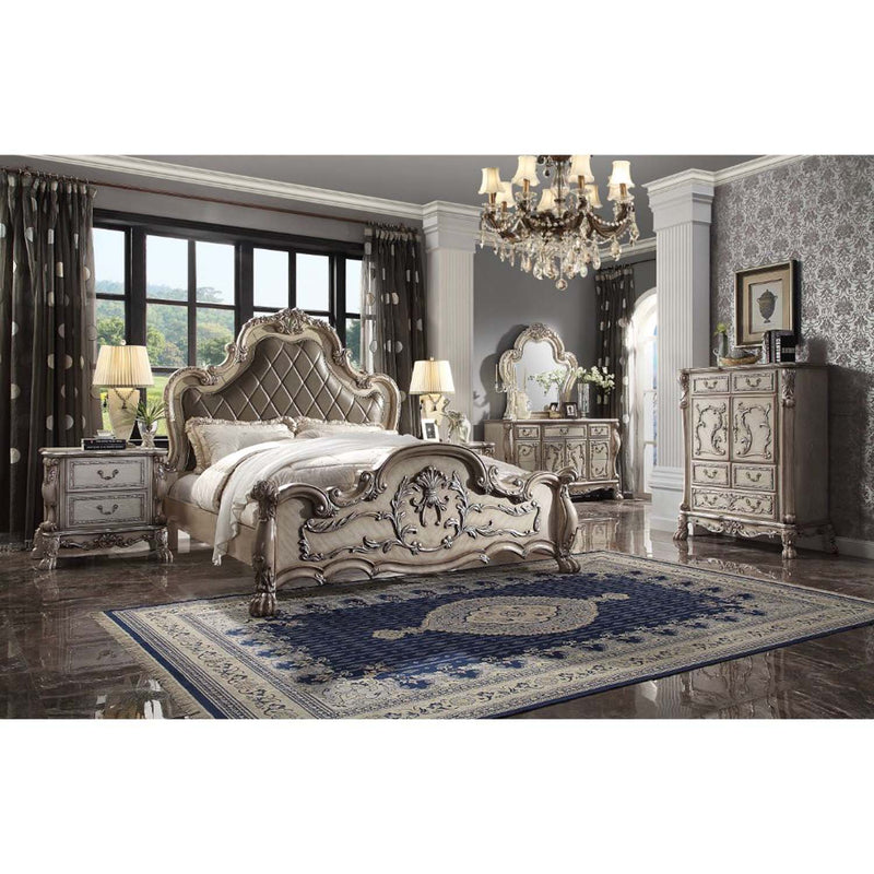 Dresden Queen Bed, Faux Leather & Vintage Bone White Finish Acme
