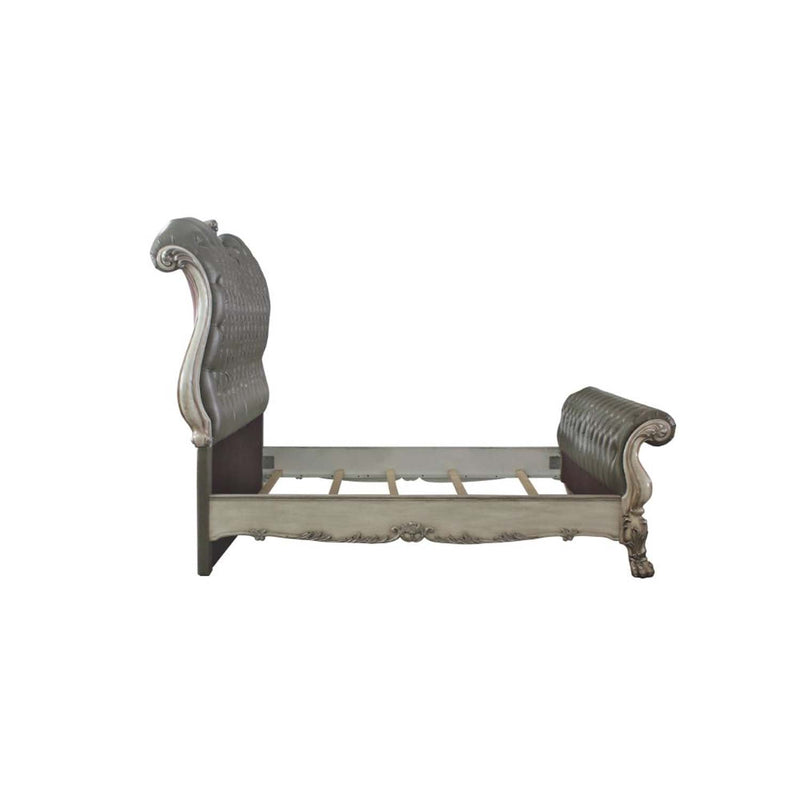 Dresden Queen Bed, Faux Leather & Vintage Bone White Finish Acme