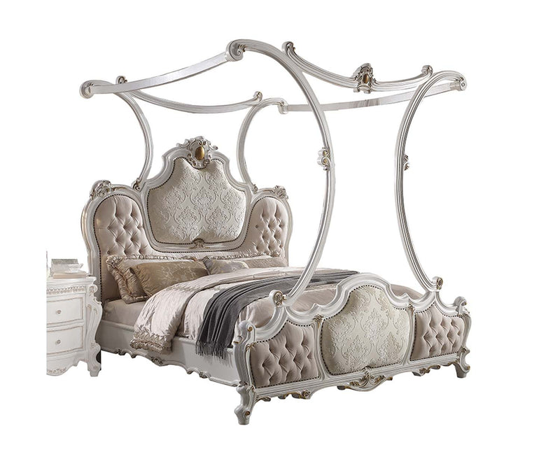 Picardy King Bed, Fabric & Antique Pearl Finish Acme