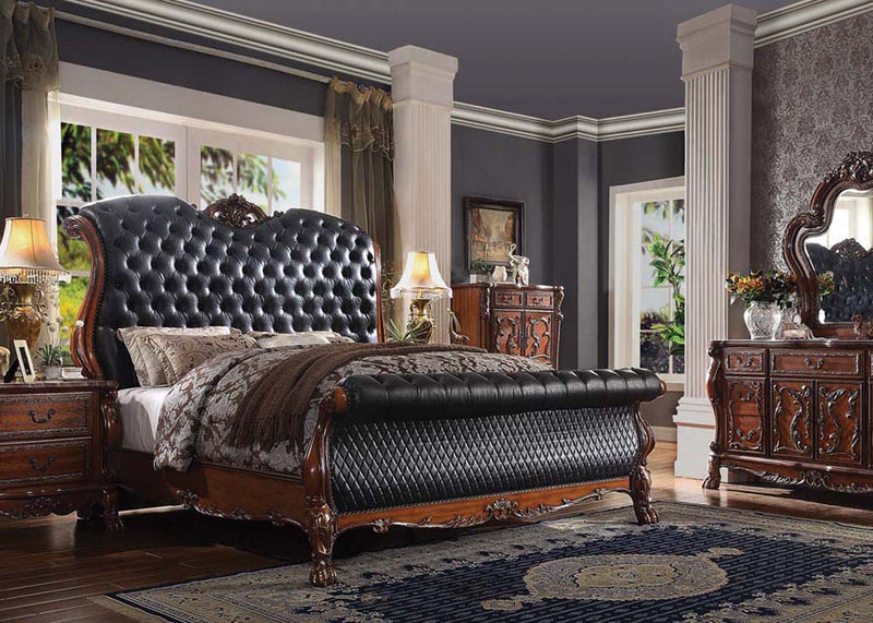 Dresden California King Bed, Faux Leather & Cherry Oak Finish Acme