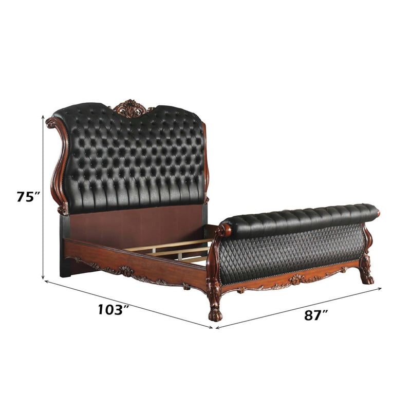 Dresden King Bed, Faux Leather & Cherry Oak Finish Acme
