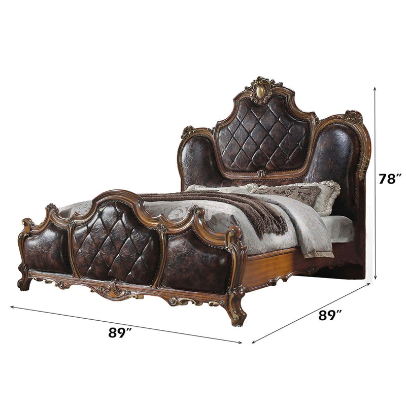 Picardy King Bed, Faux Leather & Honey Oak Finish Acme