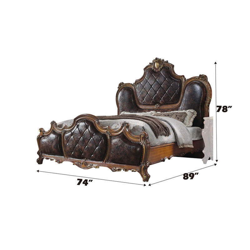 Picardy Queen Bed, Faux Leather & Honey Oak Finish Acme