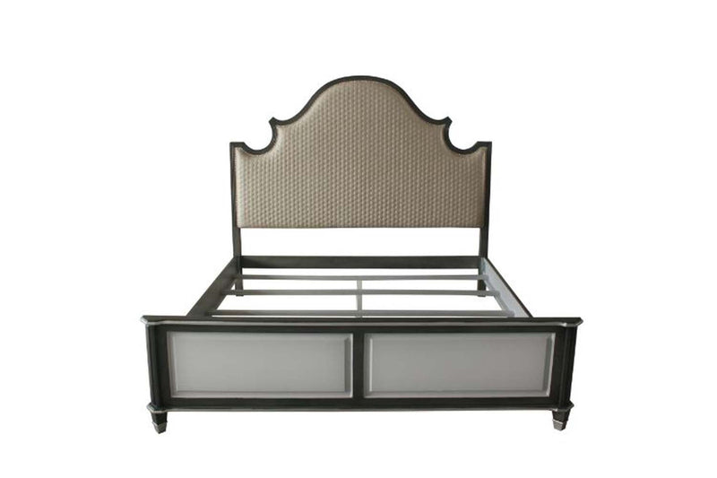 House Beatrice Queen Bed, Two Tone Beige Fabric, Charcoal & Light Gray Finish Acme