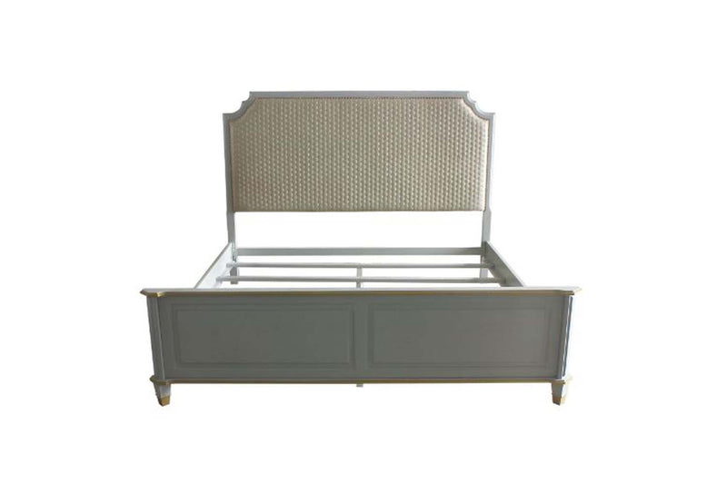 House Marchese Queen Bed, Two Tone Beige Fabric & Pearl Gray Finish Acme