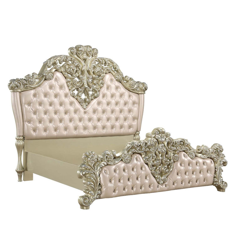 Vatican Eastern King Bed, Faux Leather, Light Gold & Champagne Silver Finish Acme