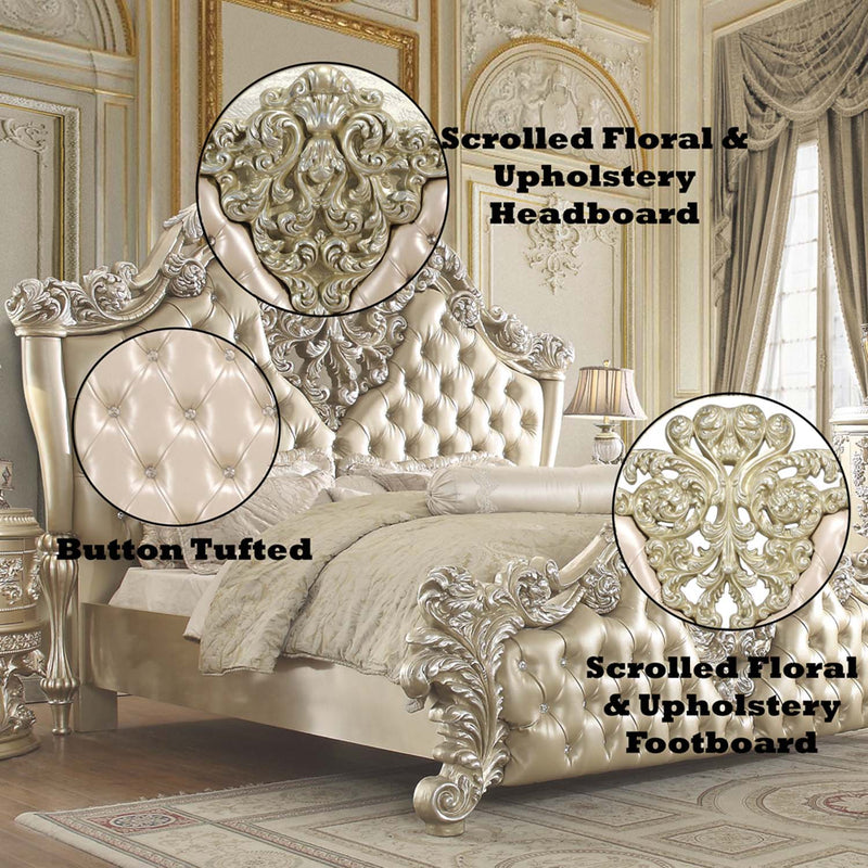 Vatican Eastern King Bed, Faux Leather, Light Gold & Champagne Silver Finish Acme