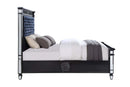 Varian II King Bed, Mirrored, Dark Navy Blue Velvet & Black & Sliver Finish Acme