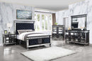Varian II King Bed, Mirrored, Dark Navy Blue Velvet & Black & Sliver Finish Acme