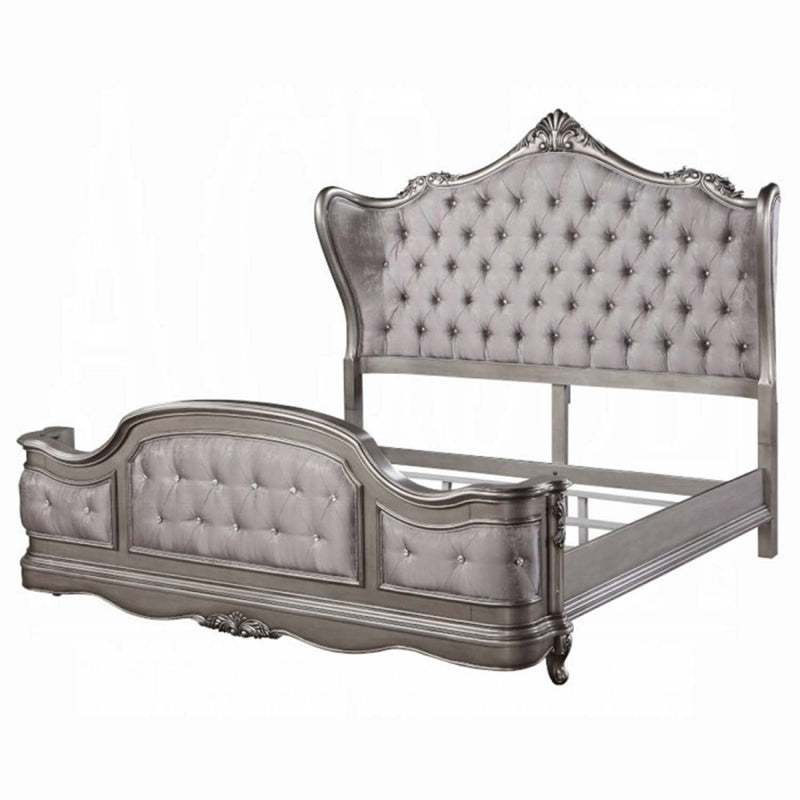 Ariadne California King Bed, Velvet & Antique Platinum Finish Acme