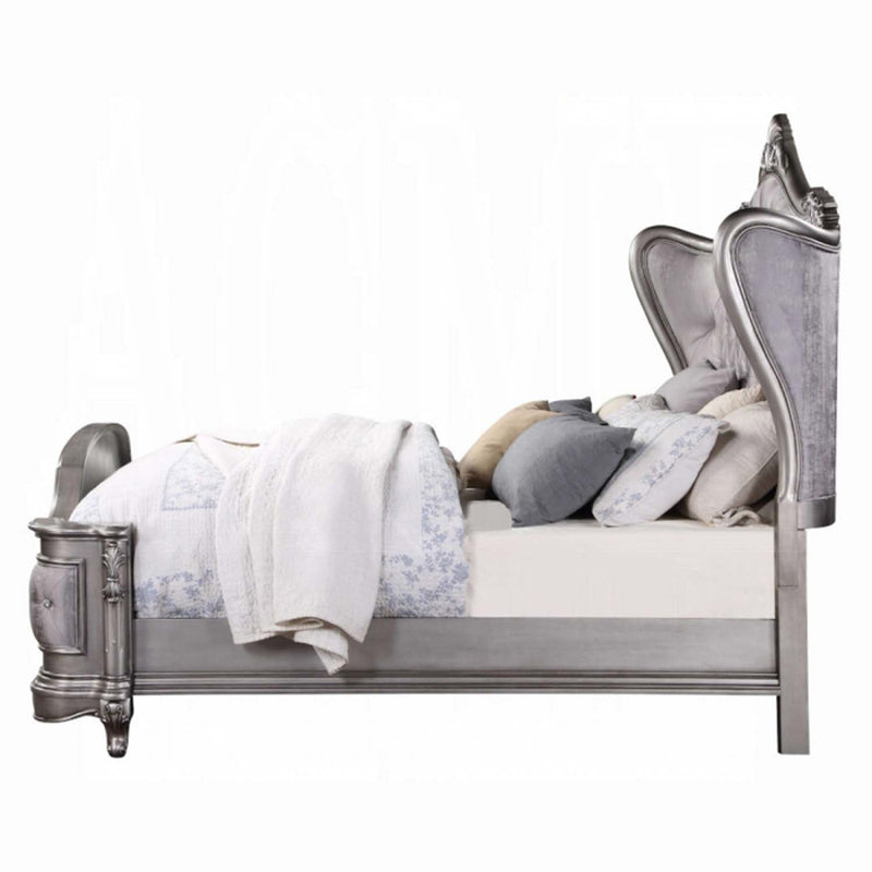 Ariadne California King Bed, Velvet & Antique Platinum Finish Acme