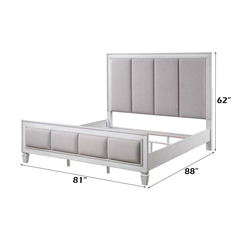 Katia King Bed, Light Gray Linen, Rustic Gray & Weathered White Finish Acme