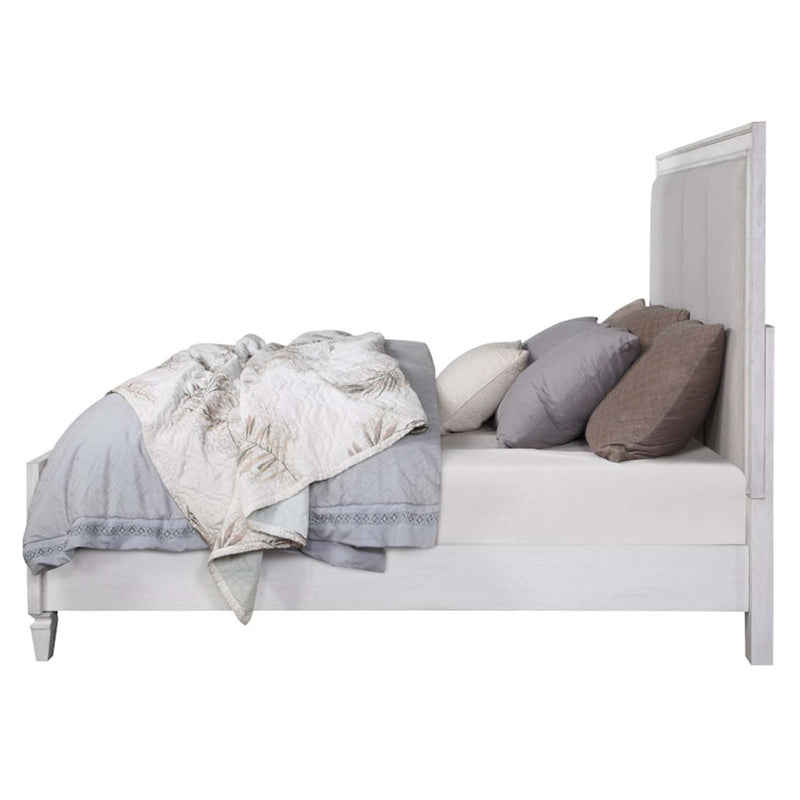 Katia Queen Bed, Light Gray Linen, Rustic Gray & Weathered White Finish Acme