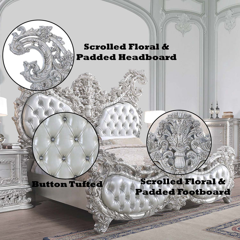 Valkyrie King Bed, Faux Leather & Antique Platinum Finish Acme