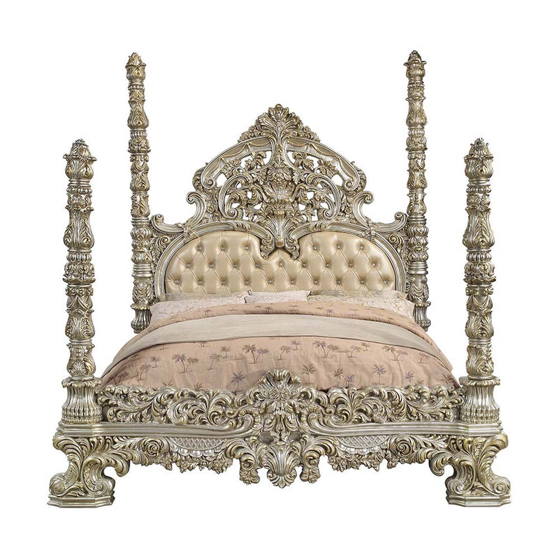 Danae King Bed, Faux Leather , Champagne & Gold Finish Acme