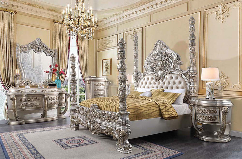 Danae King Bed, Faux Leather , Champagne & Gold Finish Acme