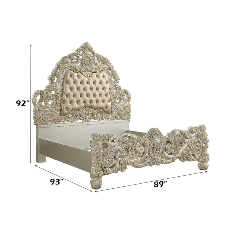 Sorina King Bed, Faux Leather & Antique Gold Finish Acme