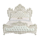 Adara King Bed, Pearl White Faux Leather & Antique White Finish Acme