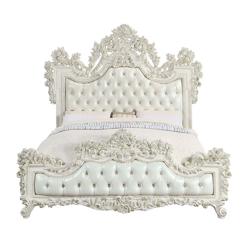 Adara King Bed, Pearl White Faux Leather & Antique White Finish Acme