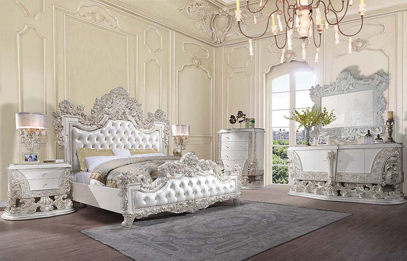 Adara King Bed, Pearl White Faux Leather & Antique White Finish Acme
