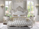 Adara King Bed, Pearl White Faux Leather & Antique White Finish Acme