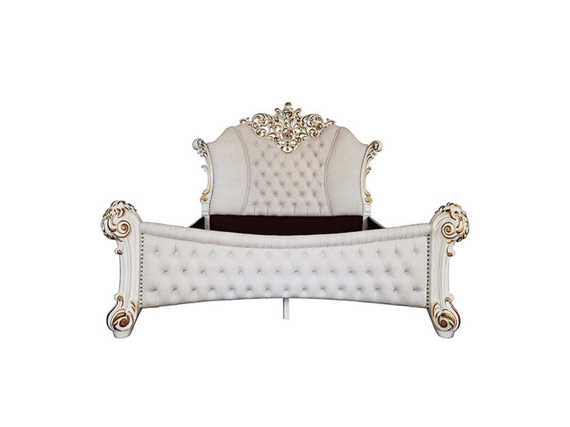 Vendome California King Bed, Two Tone Ivory Fabric & Antique Pearl Finish Acme