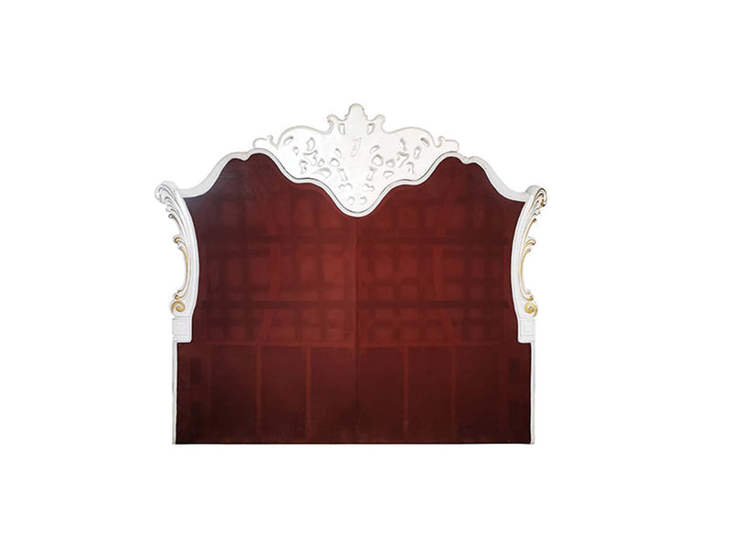 Vendome California King Bed, Two Tone Ivory Fabric & Antique Pearl Finish Acme