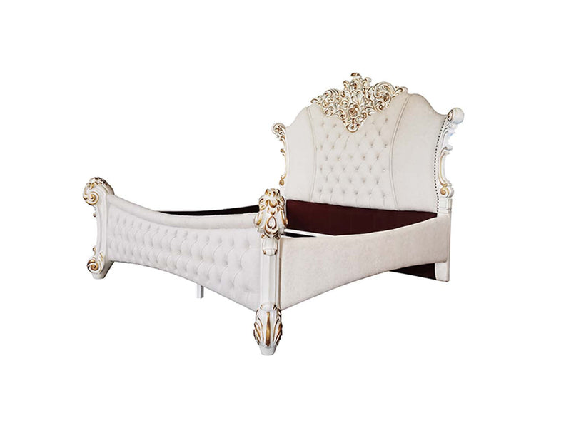 Vendome California King Bed, Two Tone Ivory Fabric & Antique Pearl Finish Acme