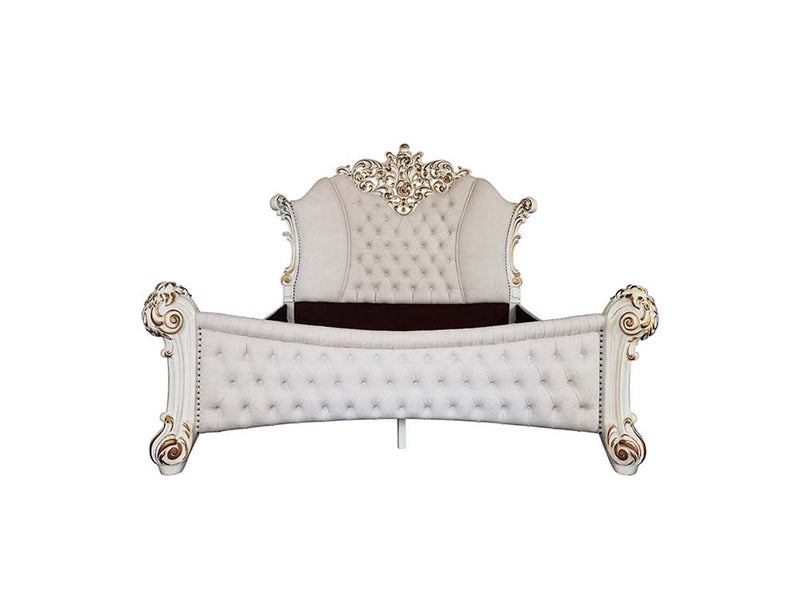 Vendome Queen Bed, Two Tone Ivory Fabric & Antique Pearl Finish Acme